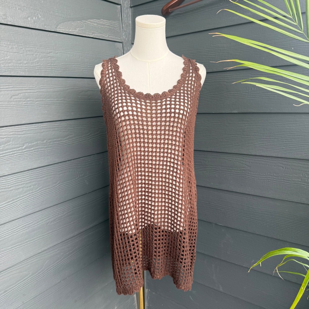 Wild Fable Brown Crochet Open Knit Tank Top Coverup Boho Festival Beach L
